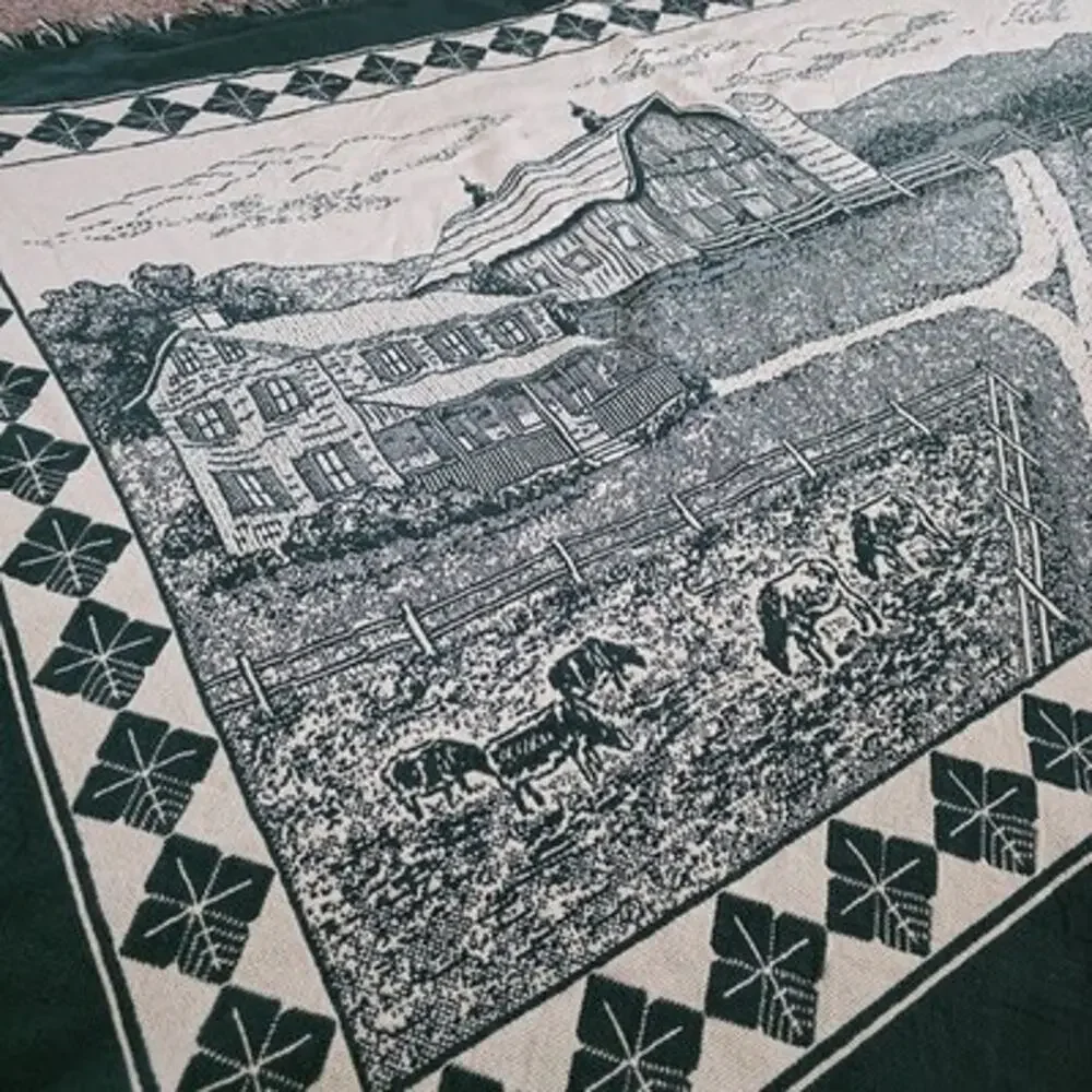 Vintage Pure Country Weavers Woven Cotton Blanket Tapestry Farm Scene Cows Green